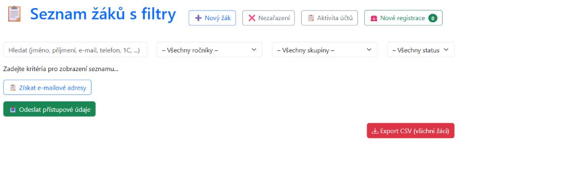 Seznam žáků s filtry